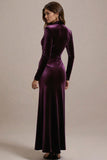 Plum Velvet Sheath Long Sleeve Formal Dress with Slit