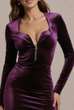 Plum Velvet Sheath Long Sleeve Formal Dress with Slit
