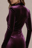 Plum Velvet Sheath Long Sleeve Formal Dress with Slit