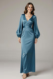 Grey Blue Sheath Satin V-Neck Long Formal Dress with Sleeves