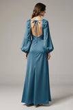 Grey Blue Sheath Satin V-Neck Long Formal Dress with Sleeves