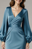 Grey Blue Sheath Satin V-Neck Long Formal Dress with Sleeves