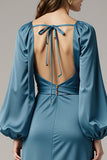 Grey Blue Sheath Satin V-Neck Long Formal Dress with Sleeves