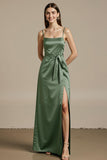 Light Green Satin A Line Long Bridesmaid Dress with Slit