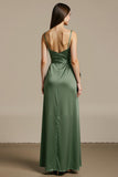 Light Green Satin A Line Long Bridesmaid Dress with Slit