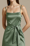Light Green Satin A Line Long Bridesmaid Dress with Slit