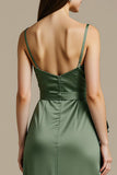 Light Green Satin A Line Long Bridesmaid Dress with Slit
