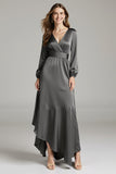 Steel Grey A Line Satin V-Neck Asymmetrical Long Formal Dress