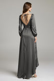 Steel Grey A Line Satin V-Neck Asymmetrical Long Formal Dress