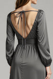 Steel Grey A Line Satin V-Neck Asymmetrical Long Formal Dress