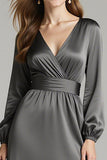 Steel Grey A Line Satin V-Neck Asymmetrical Long Formal Dress