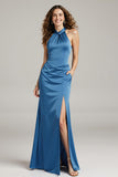 Royal Blue Satin Halter Long Formal Dress with Pocket