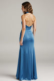 Royal Blue Satin Halter Long Formal Dress with Pocket