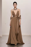 Terracotta A Line Spaghetti Straps Long Formal Dress with Bow