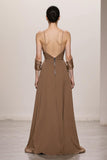Terracotta A Line Spaghetti Straps Long Formal Dress with Bow