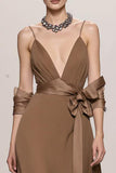 Terracotta A Line Spaghetti Straps Long Formal Dress with Bow