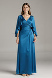 Royal Blue Satin V-Neck Long Formal Dress with Sleeves