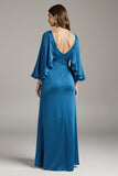 Royal Blue Satin V-Neck Long Formal Dress with Sleeves