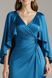 Royal Blue Satin V-Neck Long Formal Dress with Sleeves
