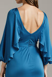 Royal Blue Satin V-Neck Long Formal Dress with Sleeves