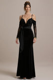 Mermaid Cold Shoulder Long Black Tie Dress with Appliques