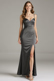 Steel Grey Satin Mermaid Long Formal Dress with Slit
