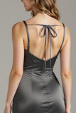 Steel Grey Satin Mermaid Long Formal Dress with Slit
