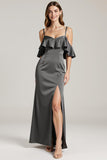 Steel Grey Sheath Cold Shoulder Satin Long Formal Dress with Ruffles