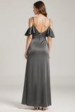 Steel Grey Sheath Cold Shoulder Satin Long Formal Dress with Ruffles