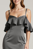 Steel Grey Sheath Cold Shoulder Satin Long Formal Dress with Ruffles