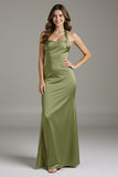 Sage Green Halter Satin Sheath Long Formal Dress with Slit