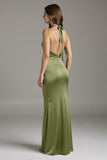 Sage Green Halter Satin Sheath Long Formal Dress with Slit