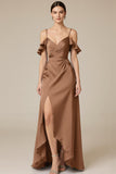 Terracotta Ruffled Satin Cold Shoulder Long Formal Dress with Slit