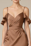 Terracotta Ruffled Satin Cold Shoulder Long Formal Dress with Slit