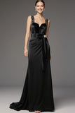 Satin A Line Square Neck Long Black Tie Dress with Lace