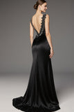 Satin A Line Square Neck Long Black Tie Dress with Lace