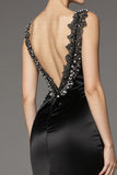 Satin A Line Square Neck Long Black Tie Dress with Lace