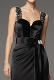 Satin A Line Square Neck Long Black Tie Dress with Lace