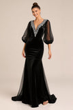 Mermaid V-Neck Long Sleeve Black Tie Dress with Lace