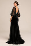 Mermaid V-Neck Long Sleeve Black Tie Dress with Lace