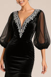 Mermaid V-Neck Long Sleeve Black Tie Dress with Lace