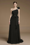 A Line One Shoulder Long Black Tie Dress with Feather