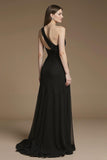 A Line One Shoulder Long Black Tie Dress with Feather