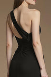 A Line One Shoulder Long Black Tie Dress with Feather