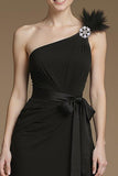 A Line One Shoulder Long Black Tie Dress with Feather