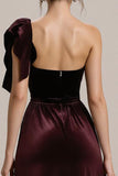 Burgundy One Shoulder A Line Formal Dress with Ruffles
