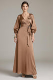 Terracotta Satin V-Neck Floral Long Formal Dress with Sleeves