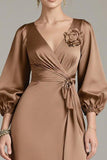 Terracotta Satin V-Neck Floral Long Formal Dress with Sleeves