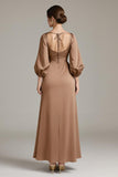 Terracotta Satin V-Neck Floral Long Formal Dress with Sleeves