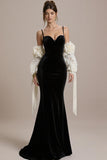 Black Velvet Spaghetti Straps Mermaid Long Black Tie Dress
